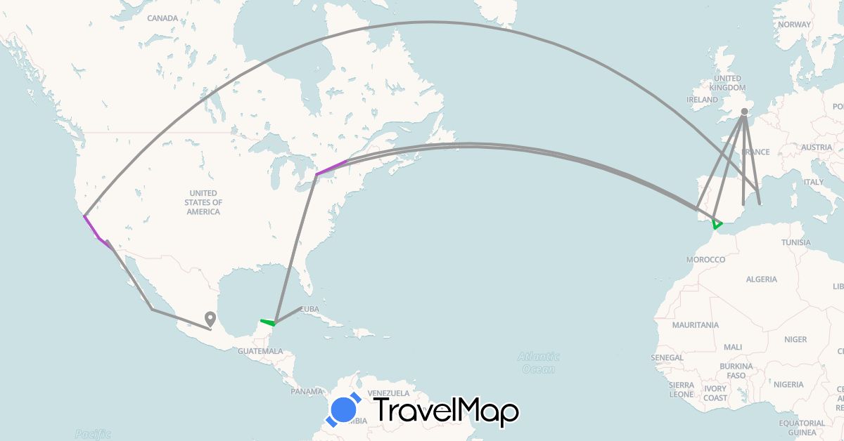 TravelMap itinerary: driving, bus, plane, train in Canada, Cuba, Spain, United Kingdom, Mexico, Portugal, United States (Europe, North America)